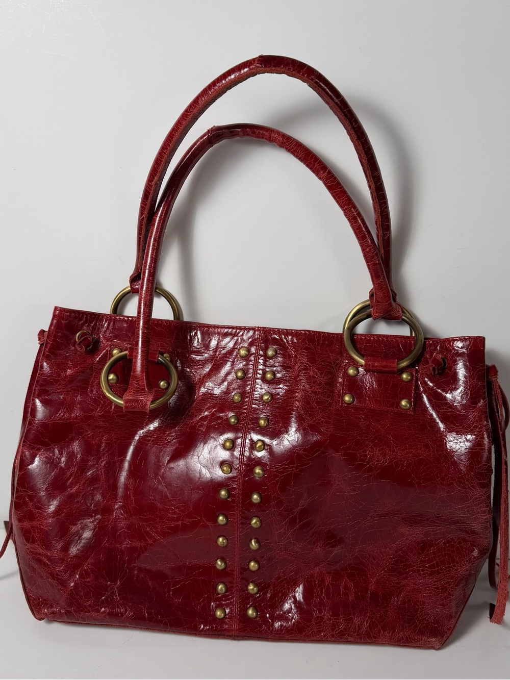 Sorpresa! Italian Leather Glossy Red Stud-Trim Tote Bag with Ring Handles